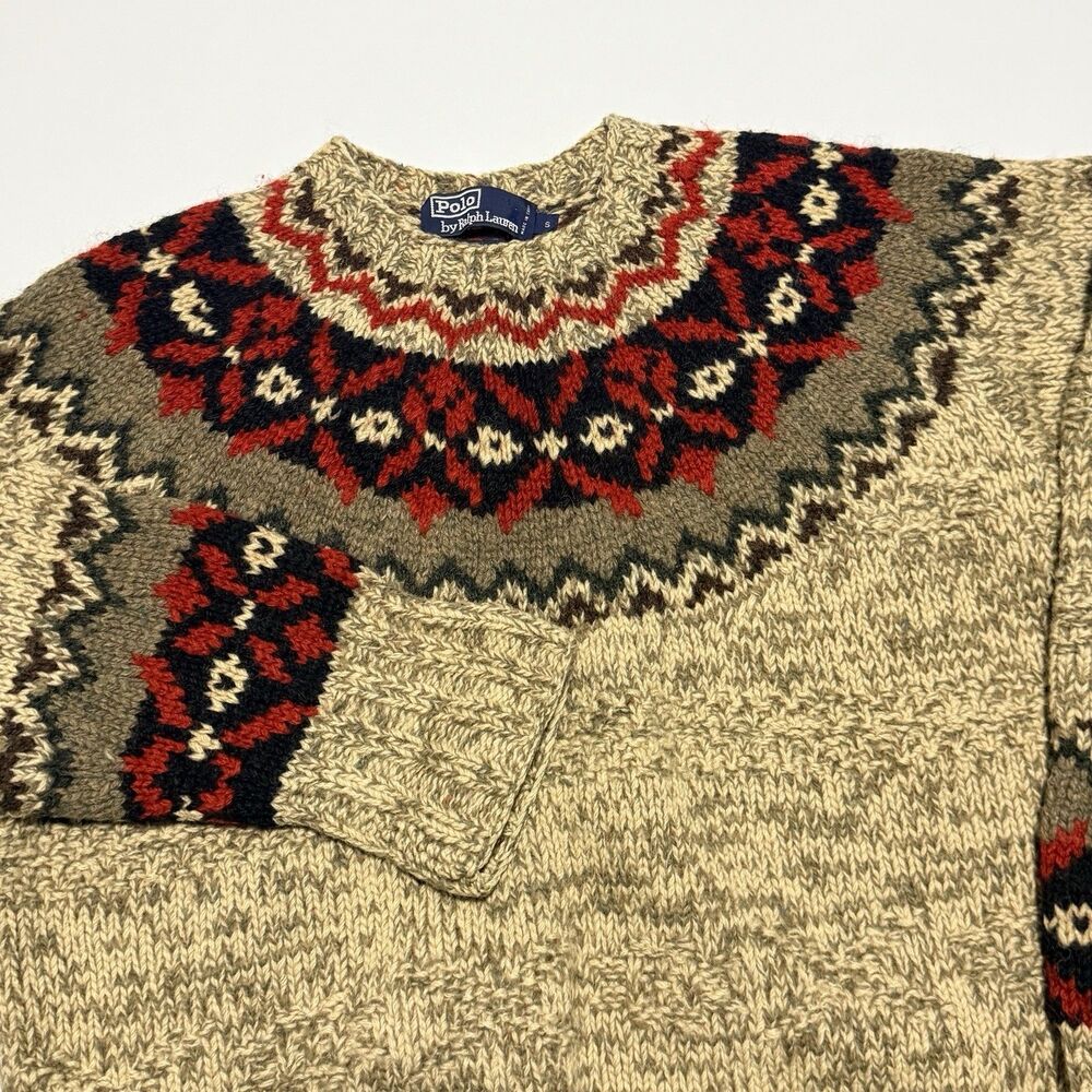 Vintage Polo Ralph Lauren Nordic Fair Isle Hand Knit Wool Sweater Men's S Brown